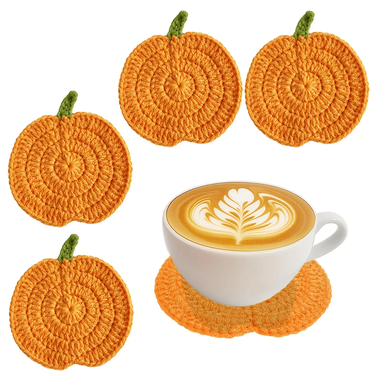 4pcs Crochet Pumpkin Coasters, Handmade Woven Fabric Drink Mats, Autumn Harvest Thanksgiving Kitchen Table Decor, Party Favors.