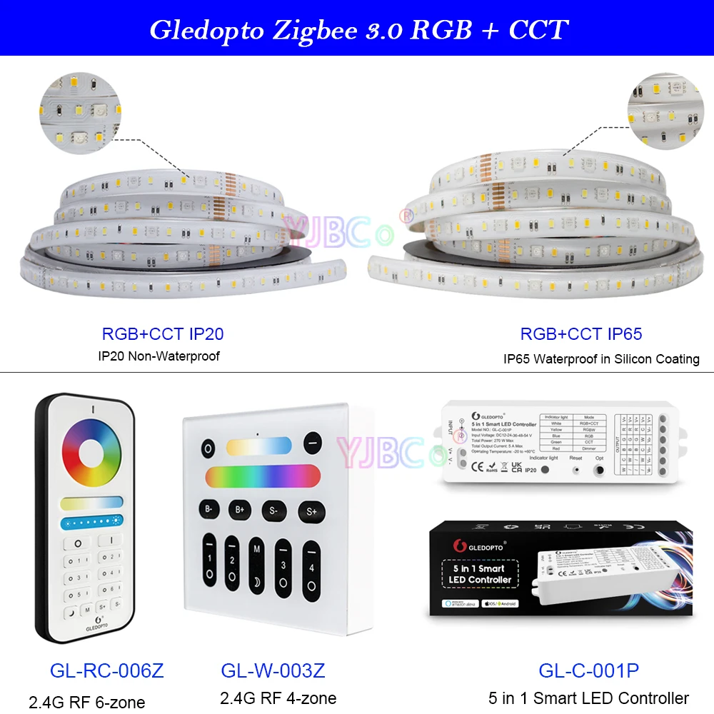 

Gledopto Zigbee 3.0 RGBCCT/RGBW/RGB/CCT/single color 5 in 1 LED Strip Light tape Controller APP/Voice/2.4G RF Remote 12V-54V 24V