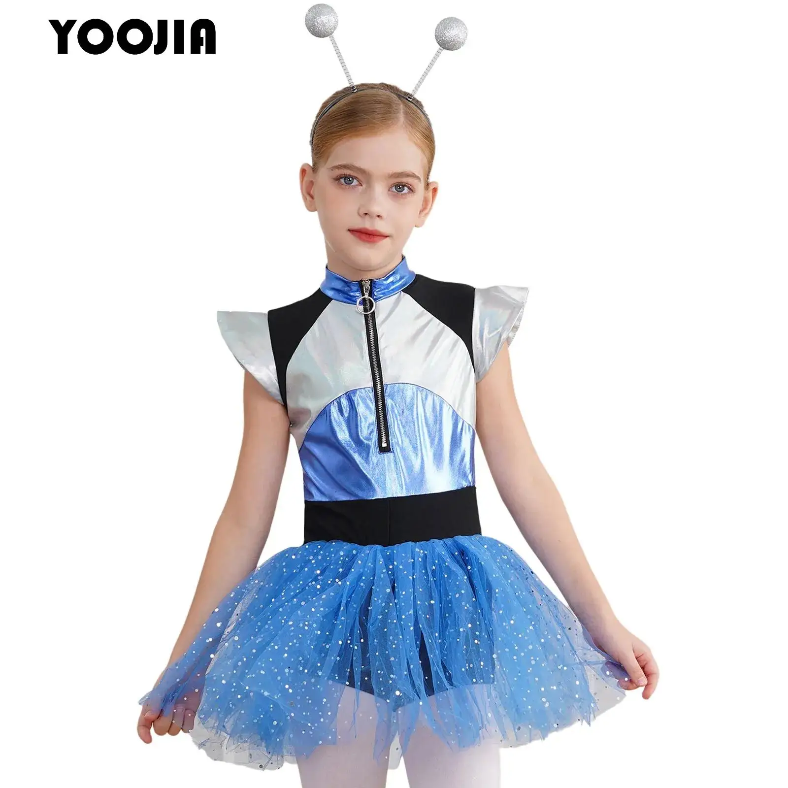 

Girls Shiny Outerspace Alien Costume Halloween Metallic Cape Sleeve Leotard Tutu Dance Dress Future World Astronaut Dress Up Set