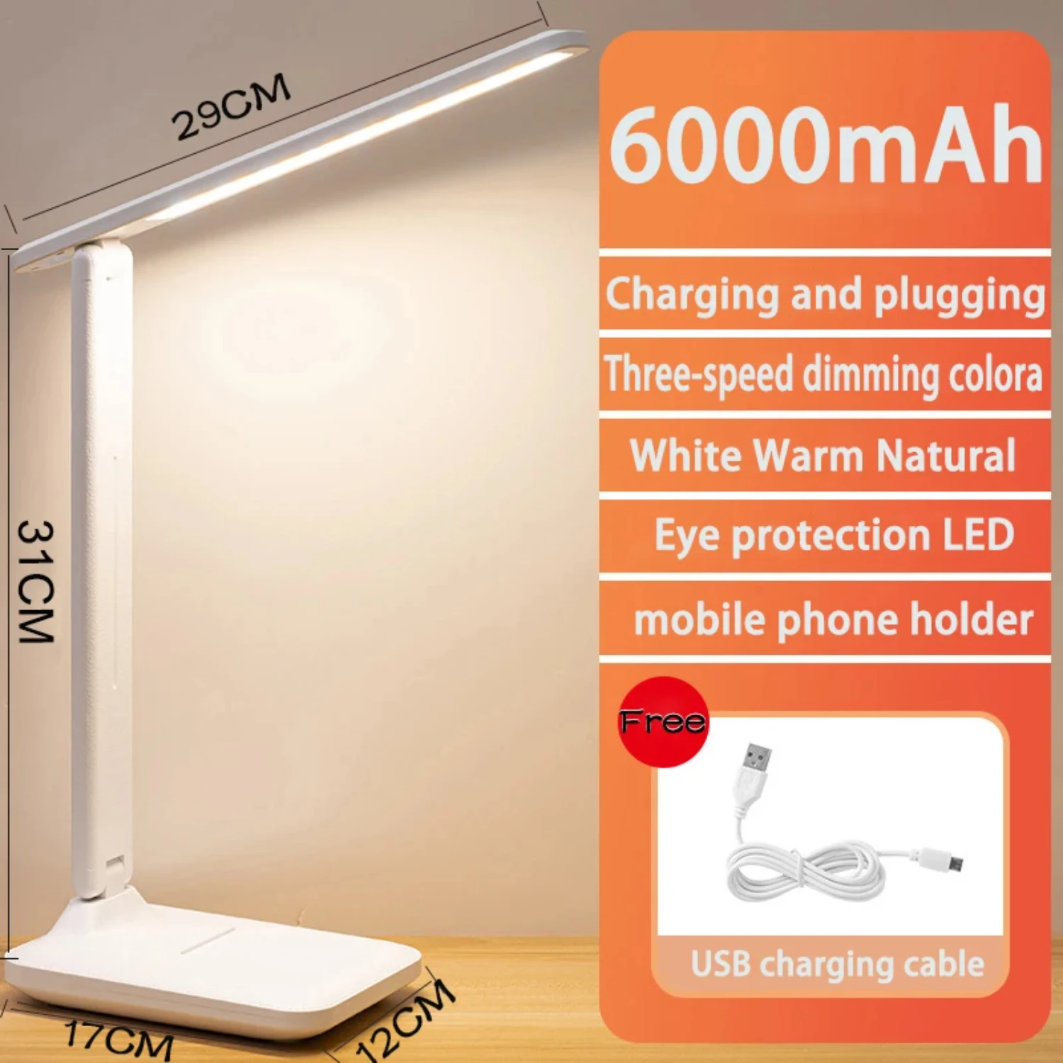 

New 6000mAh Chargeable Folding Table Lamp 3 Color Touch Dimmable Eye Protection Bedroom Reading USB Rechargeable LED Desk Lamp