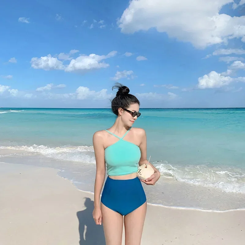 

Sexy Simple Neck Hanging Vest High Waist Belly Covering Women's Bikini Set Summer Hot Girl Cross-Border Fashionable Swimwear