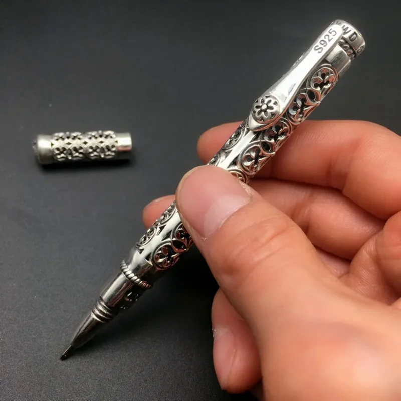 Bestlybuy S925Silver Ballpoint Man Woman Vintage And Elegant S925 Silver Hollow Carved, Business Signature Pen High Qual