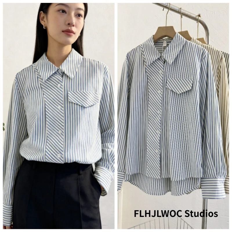 

FLHJLWOC Новые женские модные полосатые рубашки с длинным рукавом, офисные блузки для деловых женщин, топы с карманами, базовые рабочие рубашки во французском стиле
