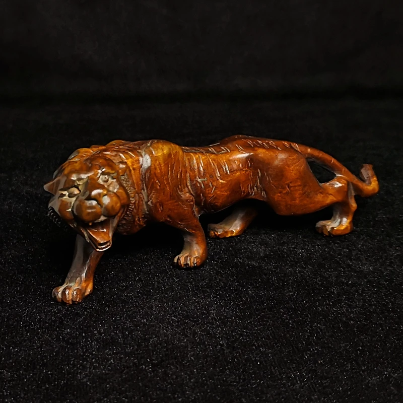 YIZHU CULTUER ART Size 5 Inch Old Chinese Hand Carved Boxwood Wood Tiger Figurine Statue Home Desk Decoration Netsuke Collection