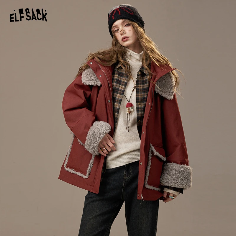 

ELFSACK 2025, новые зимние поступления, повседневная плюшевая куртка с лацканами, свободная куртка-пуховик для женщин