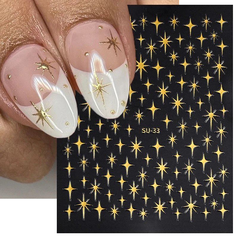 1PC 3D Laser Sliver Gold Star Nail Sticker Four-pointed Cross Starlight Self-Adhesive Nails Decal DIY Manicure Slider Decoration