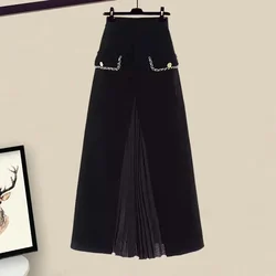 New French Velvet Patchwork Women's Skirt Elegant High Waist Slim A-Line Pleated Office Lady Midi Skirt Autumn Winter Clothing