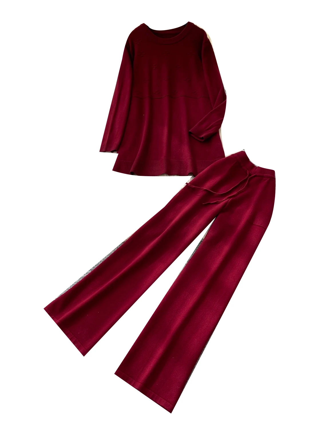 Ladies' Lazy Knitted Sweater Long Sleeve round Neck High Waist Wide Leg Pants Two Piece Set Autumn Season Versatile Loose Fit