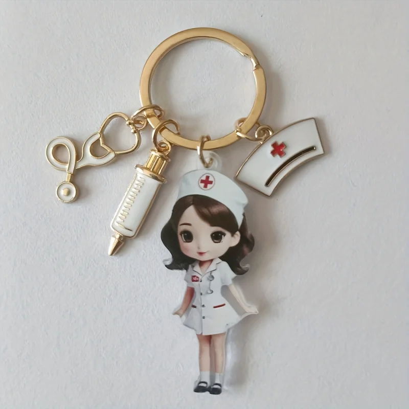 Porte-clés plat 2D pour infirmière, dessin animé mignon avec stéthoscope et croix rouge, cadeau durable en alliage de fer pour les professionnels de la santé