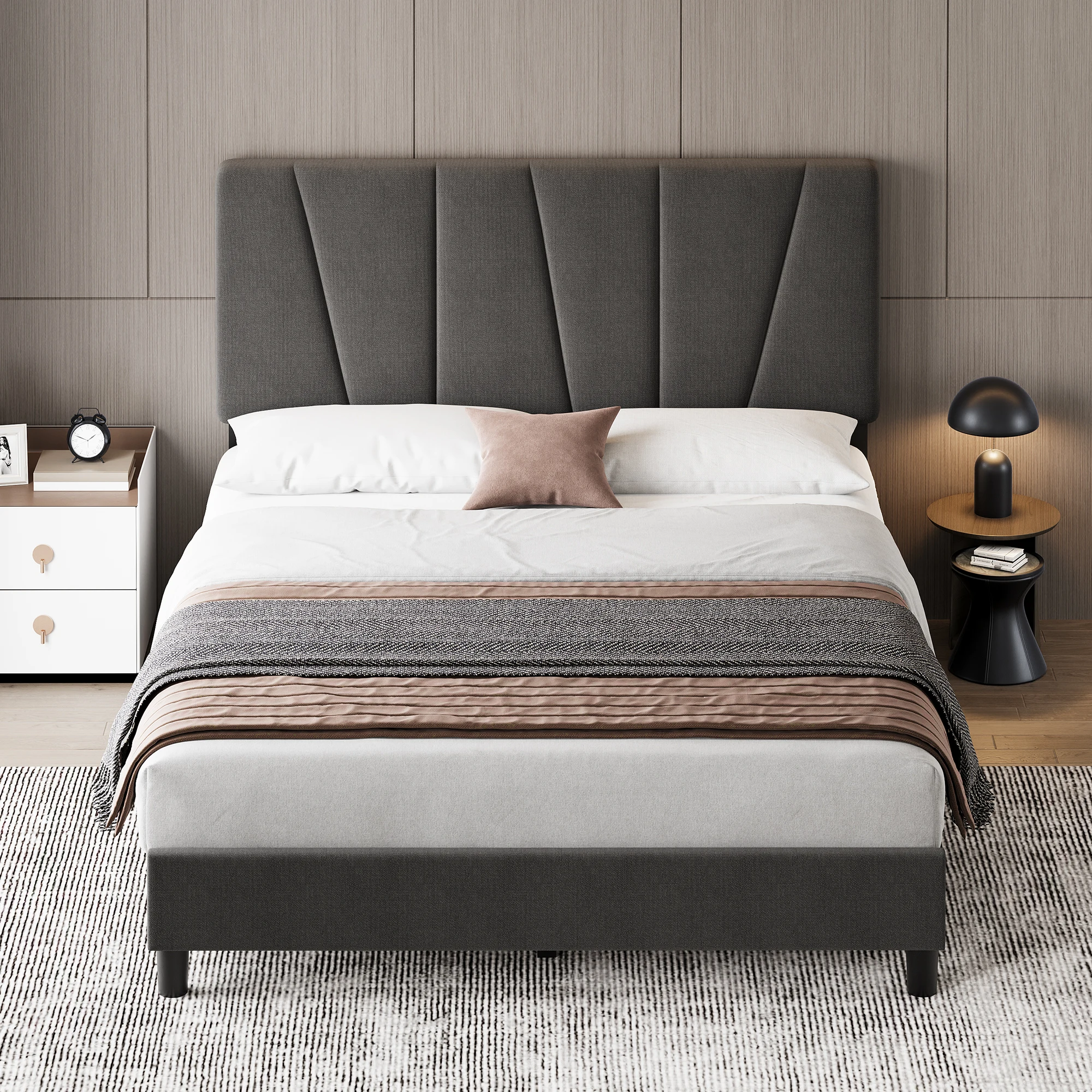Bed Frame With Headboard, Linen Upholstered Platform Bed With Adjustable Diagonal Channel Tufted Headboard