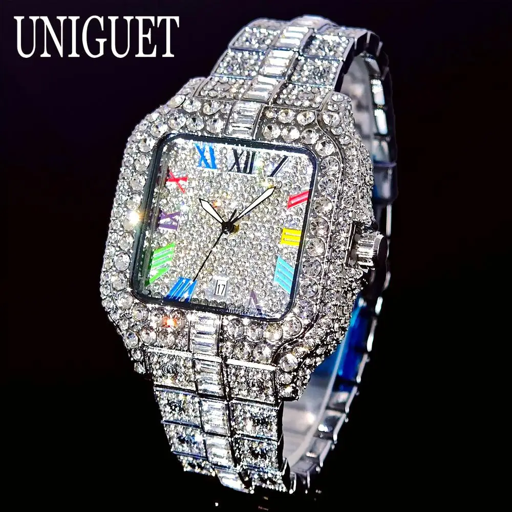 Hip Hop Ice Watches Men Brand UNIGUET Fashion Color Roman Literal Luxury Diamond Bling AAA Square Wristwatch Man Dropshipping