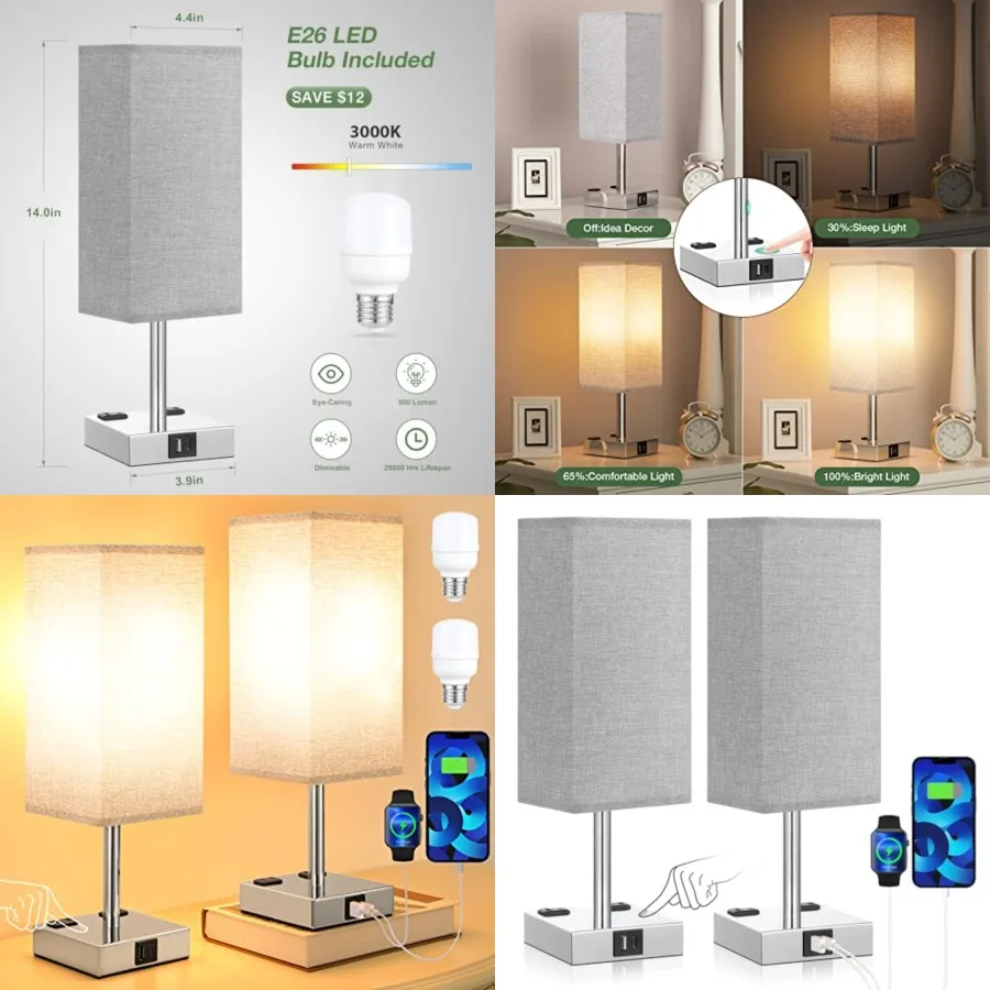 

Gray Set of 2 Touch Lamps with USB Port Nightstand Lamp with USB-C+A Charge Ports and AC Outlets, 3-Way Dimmable Bedside Lamp,