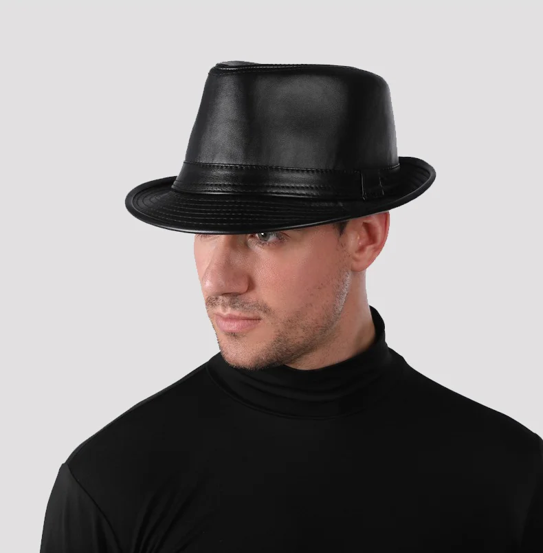 Mann hochwertiges echtes Leder Jazz Fedora Gentleman Kuhhaut kurze Krempe schwarz/braun Schaffell angepasste Zylinder männlich zeigt – Detail 3