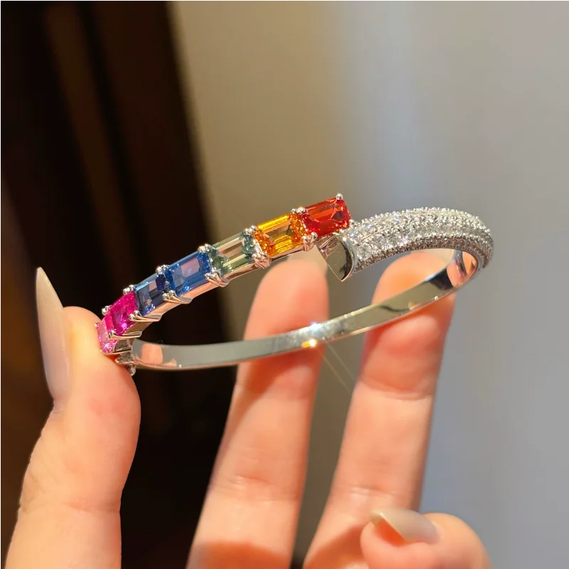 Bellux lab grown rainbow sapphire large carat emerald cut bracelet S925 silver fashionable shiny full diamond open bangle