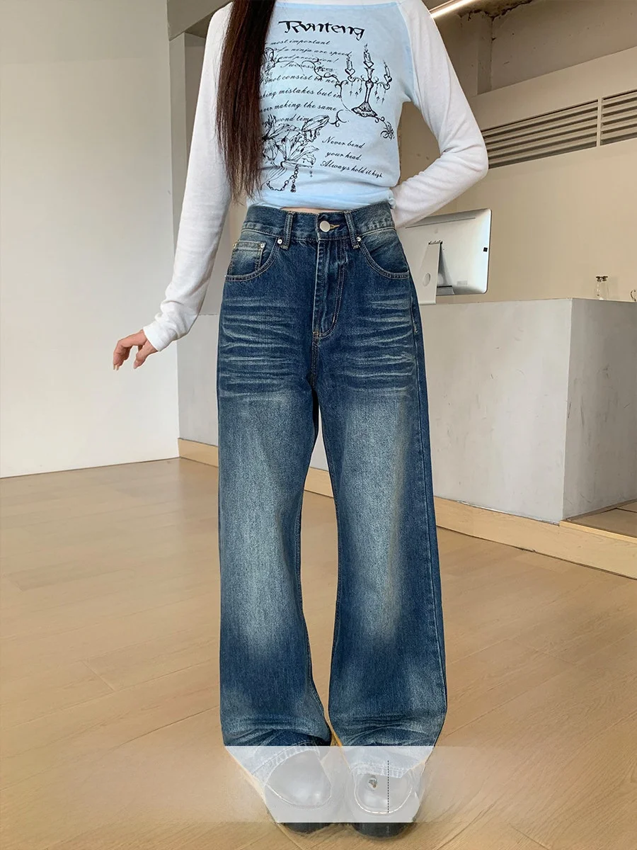 

Blue Denim Jeans Women's Loose Fit Autumn Jeans American Retro Sle Floor Length Slimming Versatile Ladies Pants