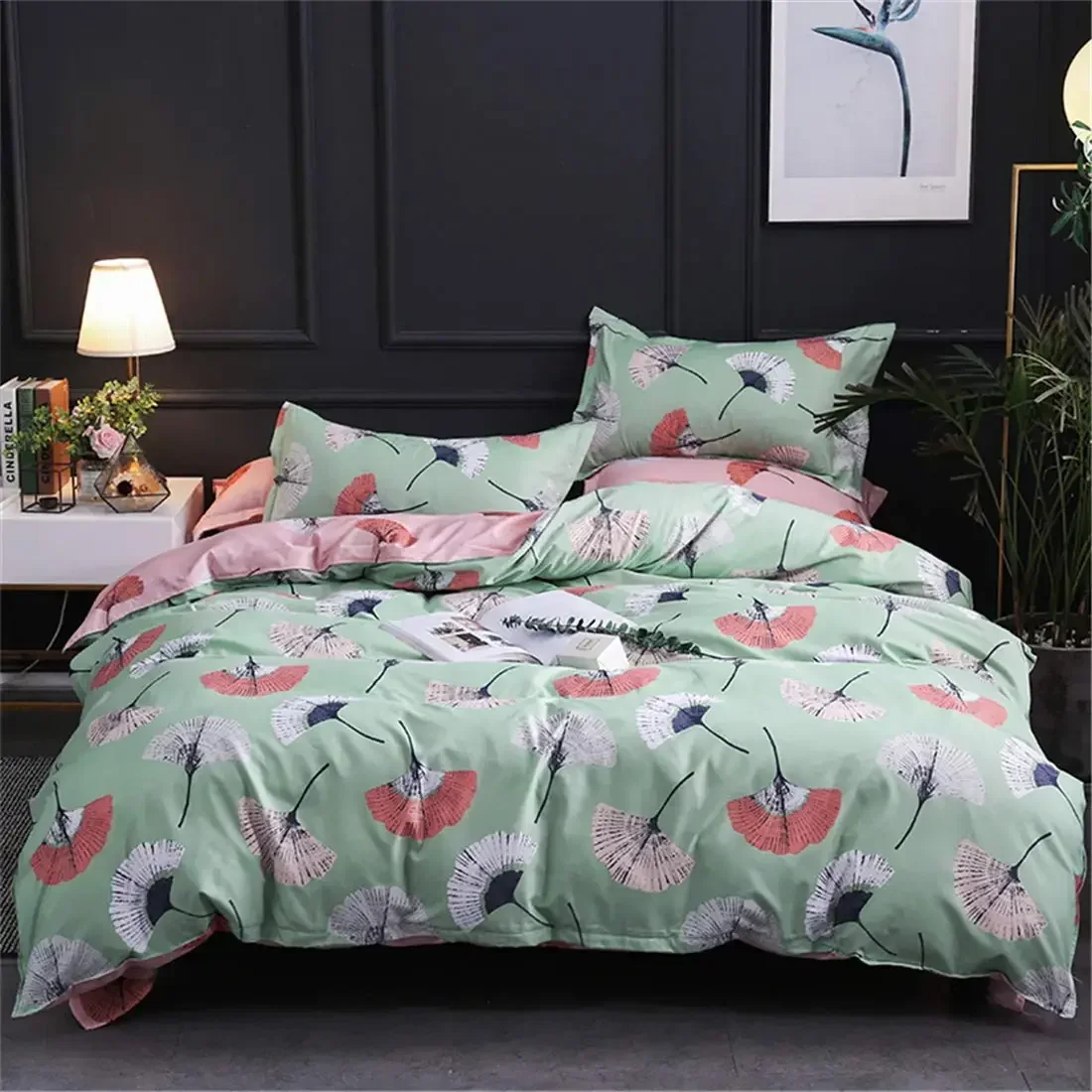 

Botanical Duvet Cover Bedding Set Microfiber Red Green Plant Tree Leaves Pattern Printed Pink on Reverse Zipper Closure