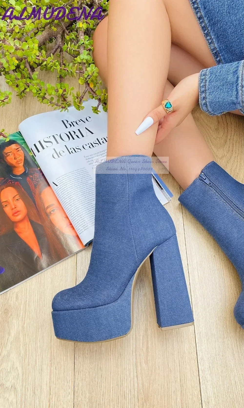 ALMUDENA Stivaletti con tacco largo in denim blu Jeans con plateau alto Stivaletti corti con cerniera Scarpe eleganti con tacco grosso irregolare Dropship