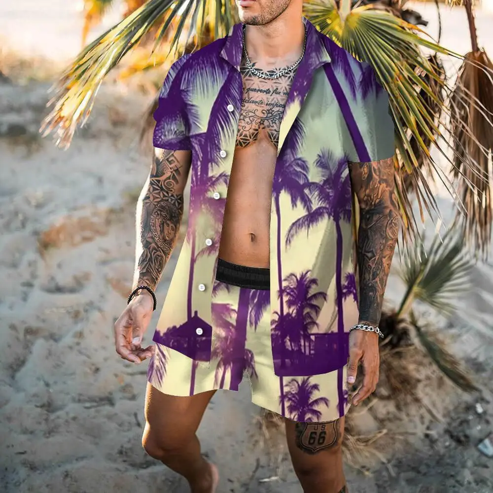 Men's Shirt Set Summer Striped Printed Short Sleeve Shirt Drawstring Shorts Casual Hawaiian Style Men's 2 Piece Home Large Size