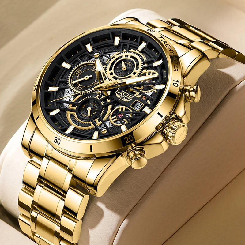 LIGE Fashion Mens Watches Top Brand Luxury Gold Quartz Watch For Men Casual Waterproof Sport Chronograph Wristwatch montre homme