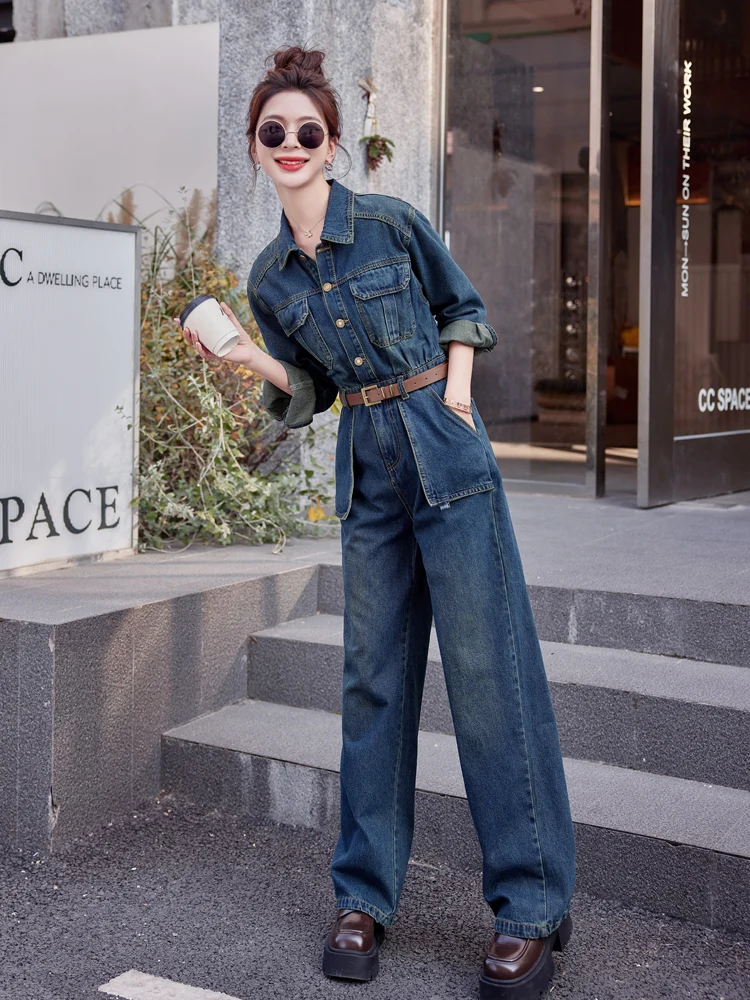 

Джинсовый комбинезон Ele для женщин: повседневный модный комплект с высокой талией, длинными брюками прямого кроя, из смесового хлопка, с пуговицами и поясом, готовый к носке.