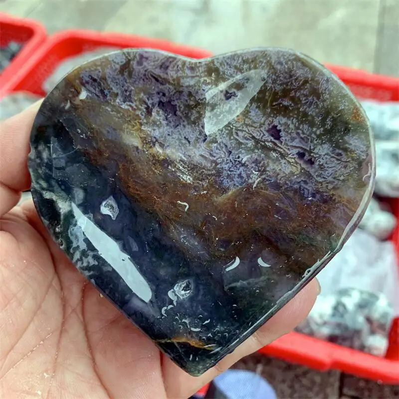 Natural Moss Agate Heart Bowl Carving Healing Gemstones, Home Office Decorations, Room Decor, 1PCS