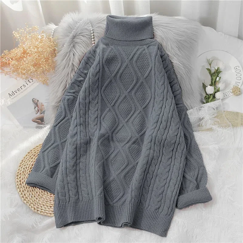 Women's Turtleneck Twist Mid-length Sweater Fall Winter New Korean Casual Thick Oversize Pullover Loose Basic Crochet Sueter