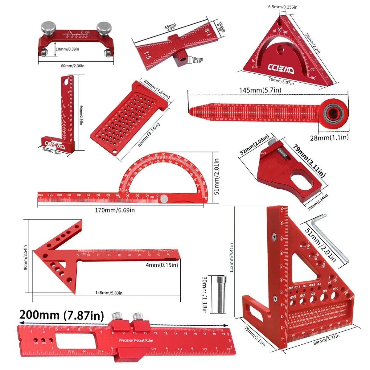 12Pcs Aluminum & Plastic Woodworking Measuring Marking Tool Multi-angle Carpenter Layout Gauge Kit Table Saw Positioning Ruler