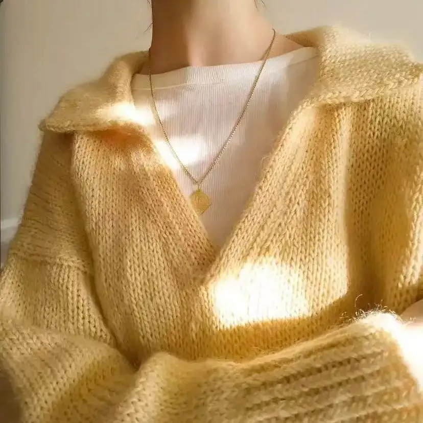 Autumn warm color new V-neck sailor collar solid color pullover sweater hand woven wool mohair new high-end lady style top