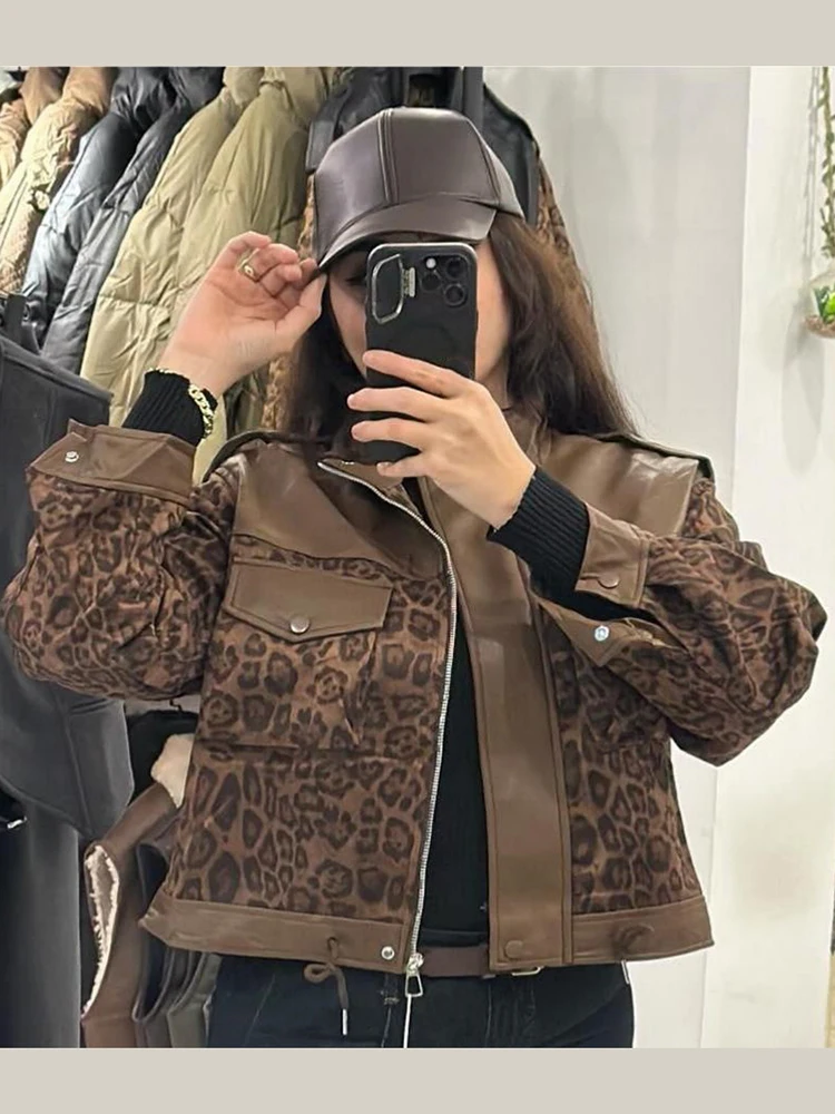 Schicke Jacken mit Leopardenmuster und Kunstfell-Einsätzen für Damen, Reverskragen, Reißverschluss, lange Ärmel, elastische Taille, Herbst-Alltags-Streetwear 2026 – Detail 4