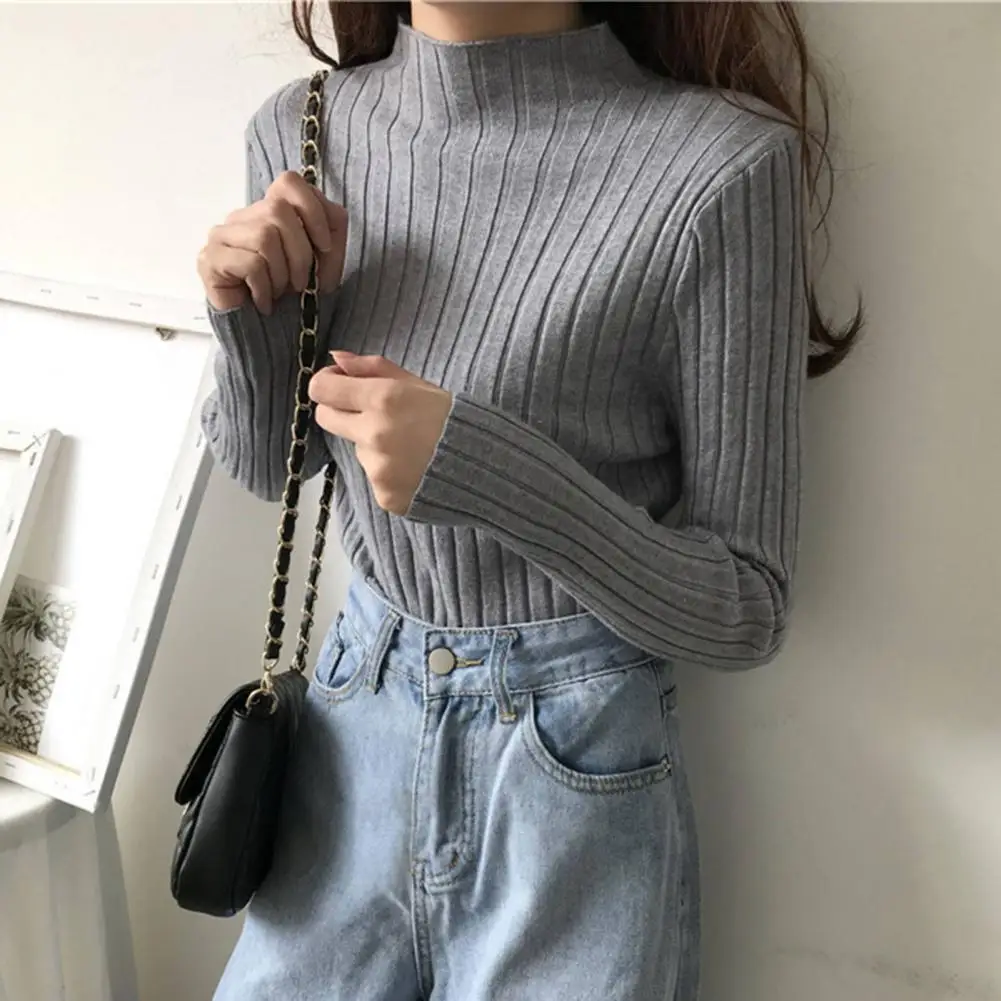 

Autumn Winter Women's Basic Knitted Sweater Semi Turtleneck Long Sleeve Pit Knitwear French Long Sleeved Bottoming Shirt Top