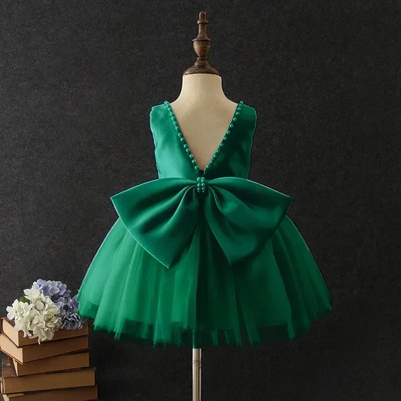 Backless Pearls Bow Baby Girls Dresses Birthday Party Wear Wedding Flower Green Dress Toddler Kids Christmas New Year Dress