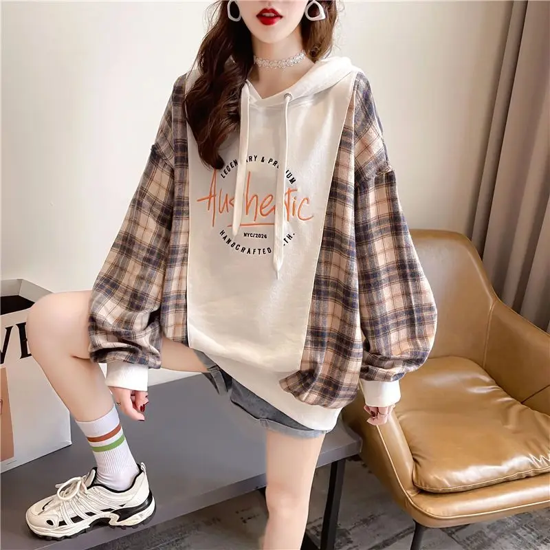 Fashion Letter Embroidery Plaid Hoodies Sweatshirts Female Clothing 2024 Autumn New Loose Casual Tops Young Style Sweatshirts