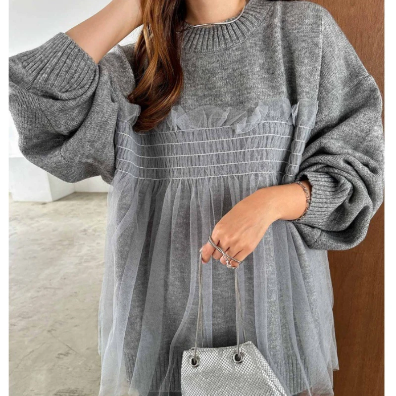 

Mesh Kintted Sweaters Women Jacket Autumn Winter Gray Crochet Loose Long Sleeve Woman Sweater Warm Jumper Causal Pullovers