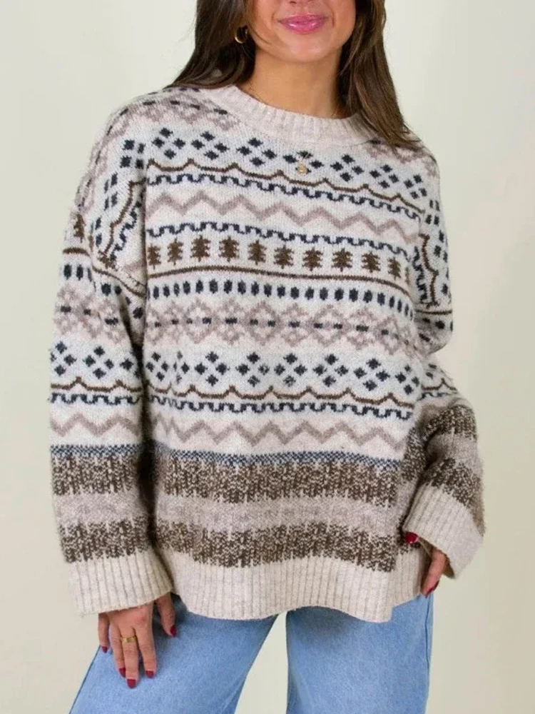 

2025 New Women's Christmas Sweater Autumn Winter Long Sleeves Loose Contrast Color Round-Neck Casual Pullovers Tops