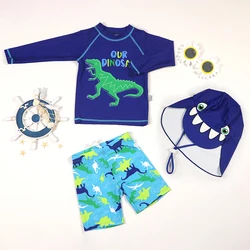 3pcs Children Tankini Swimsuit Set Boys Quick-drying Long Sleeve Shark Pattern Suit Drawstring Waistband Swimming Trunks Sun Hat