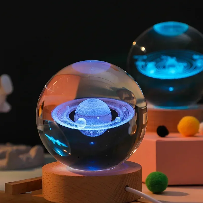 Bedside Lamp Solar Theme Cosmos Series 6cm Crystal Ball Night Light Milky Way Planet Moon Small Ornament for Desk Creative Gift