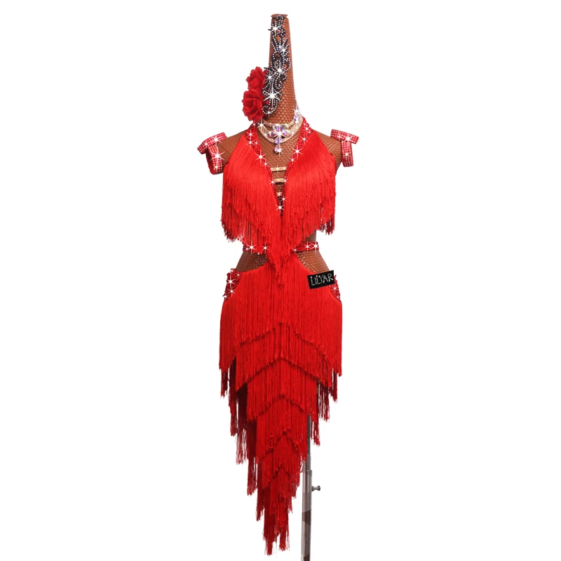 New Latin Dance Competition Performance Dress Women\'s Adult Customized Red Fringe Skirt Embroidered Fashion Shining Diamond