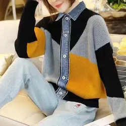 Fashion Streetwear Contrasting Colors Patchwork Cardigan Single-breasted Autumn Winter Denim Polo-Neck Fake Two Pieces Sweaters