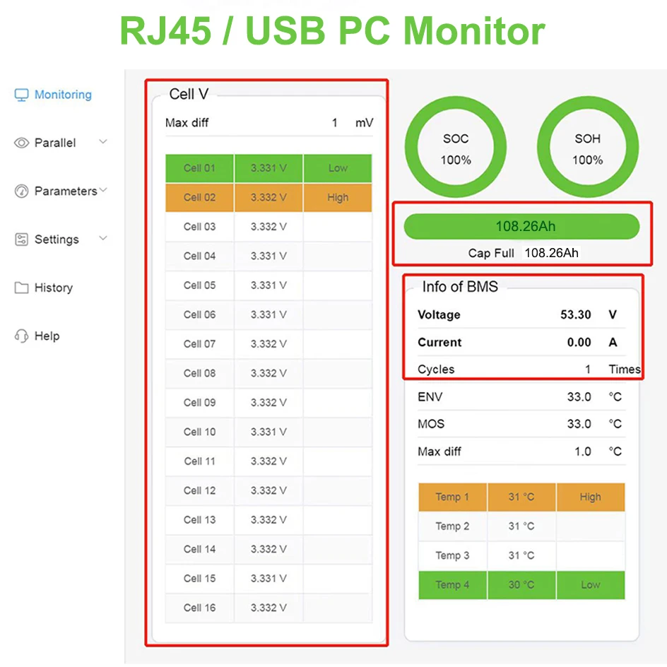 Imagem -04 - Bateria Bloco 16s 100a Bms Pode Rs485 Bus pc Monitor 6000 Ciclos de Vida 10 Anos Garantia 48v Lifepo4 100ah 5120wh