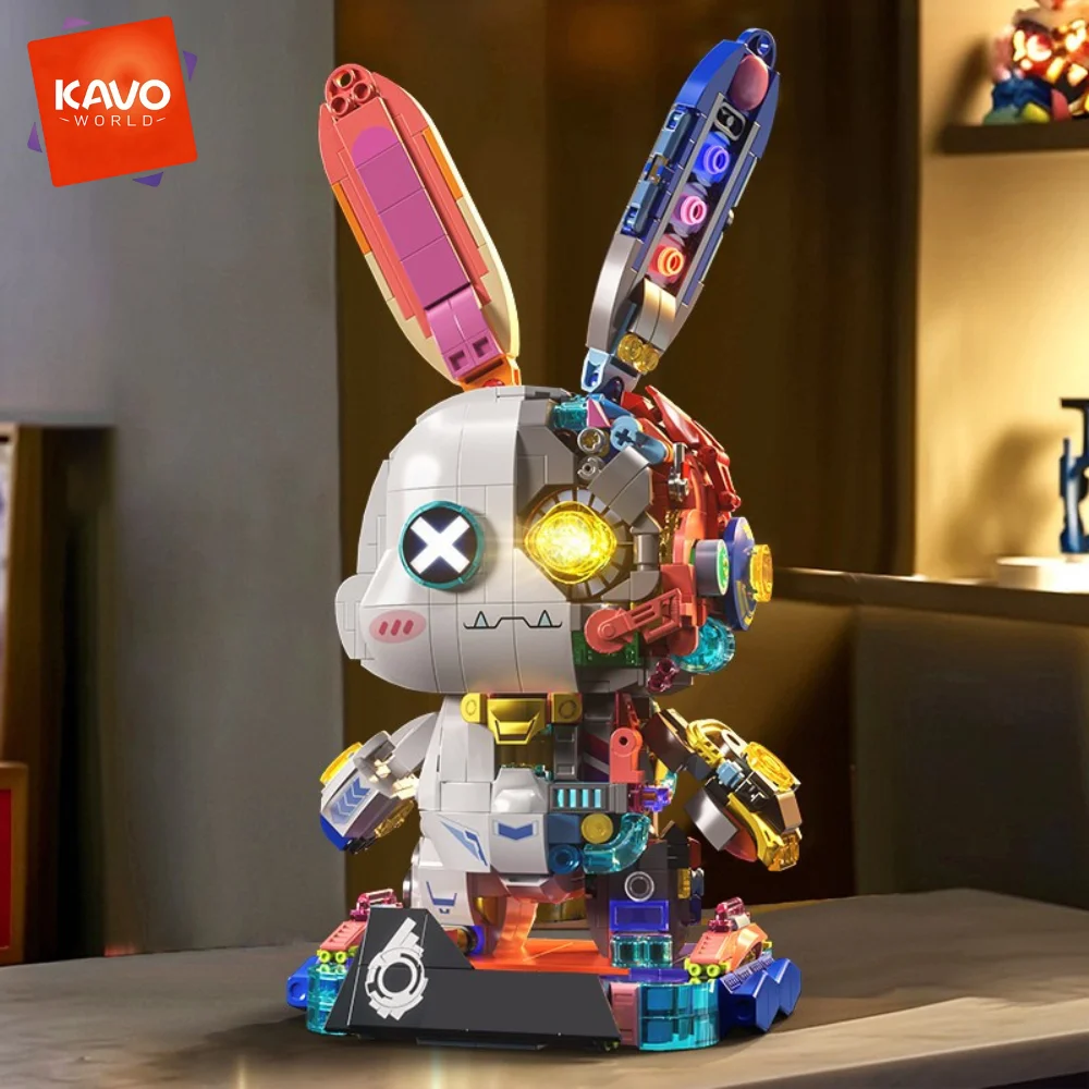 KAVOWORLD Cyberpunk Mechanical Rabbit Building Blocks Set LED Light Up Glow-in-the-Dark Bunny Bricks Kit with Gold-plated Parts Semi-transparent Disassembly Design Collectible Desk Decor for Teens Adults Birthday Christmas Gift 1377pcs view 2