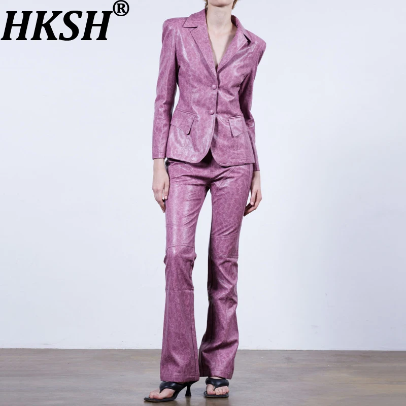 

HKSH Spring Autumn New Women's Suit Notched Collar Single Breasted Blazer Chic Coat Slim Fit Pants Trendy PU Leather Set HK15967