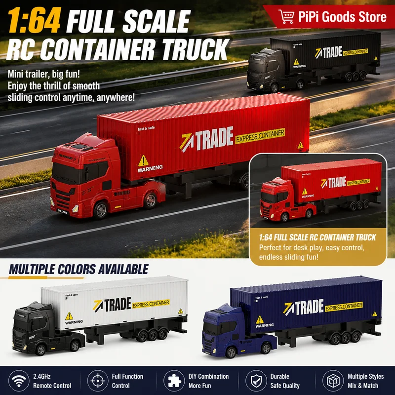 1:64 RC Trailer Truck Combo Set with Container + Flatbed DIY, Includes 2 Mini Cars, Fun Gift for Kids Adults, Full Play RC Toy