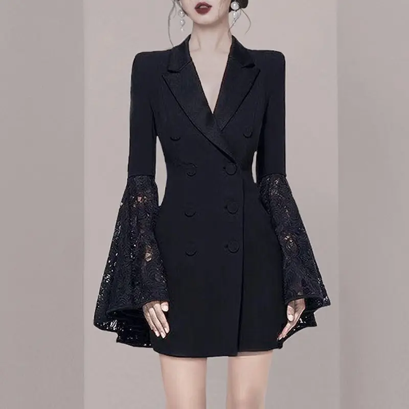 Insozkdg Spitze Patchwork Flare Ärmel Frauen Blazer Kleider schlanke Taille gekerbt zweireihige Büro Dame neue Sommer 2024 Kleid