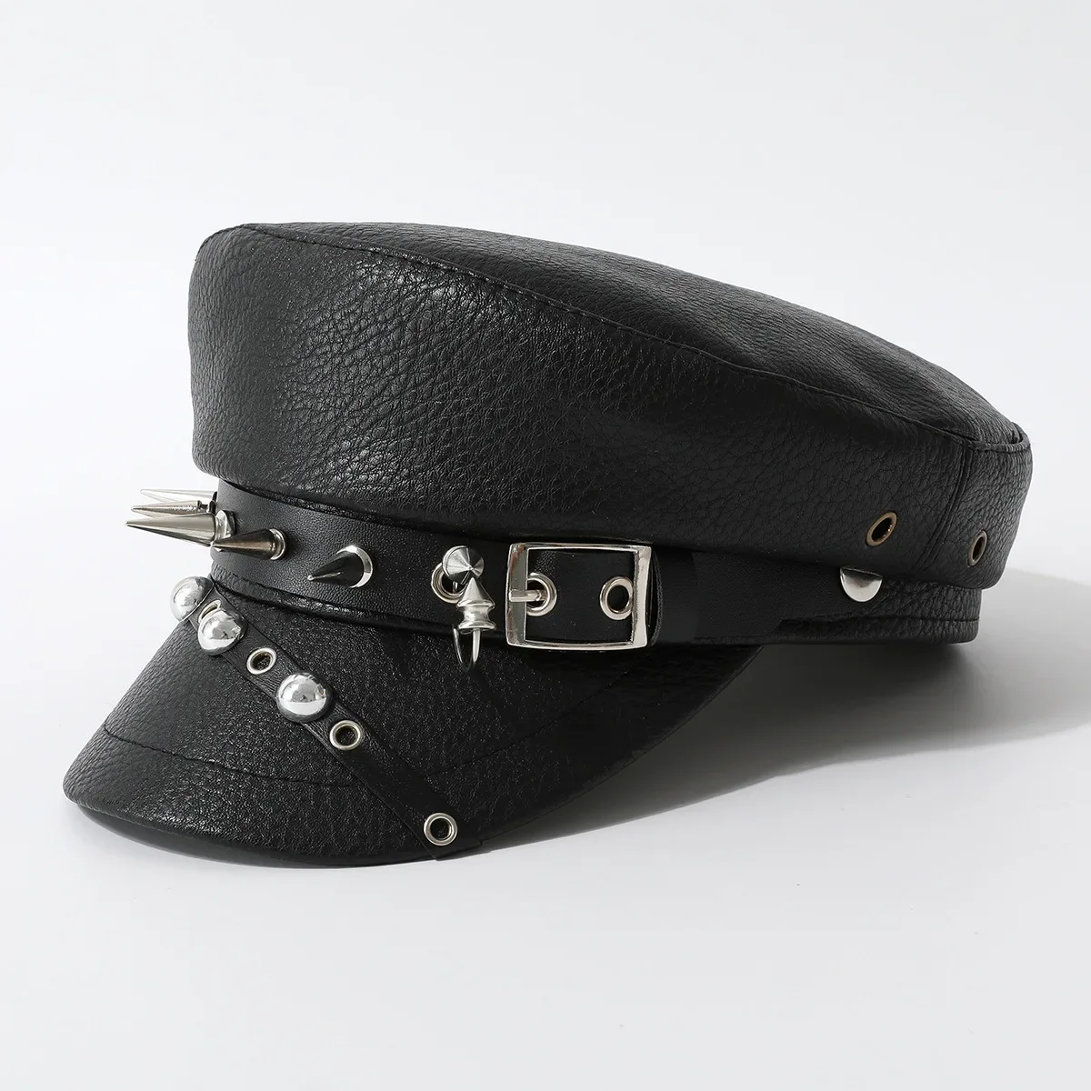 Leather Rivet Show Navy Cap Skinny Cap New Niche Punk Hip Hop Wind Beret Black PU Military Cap