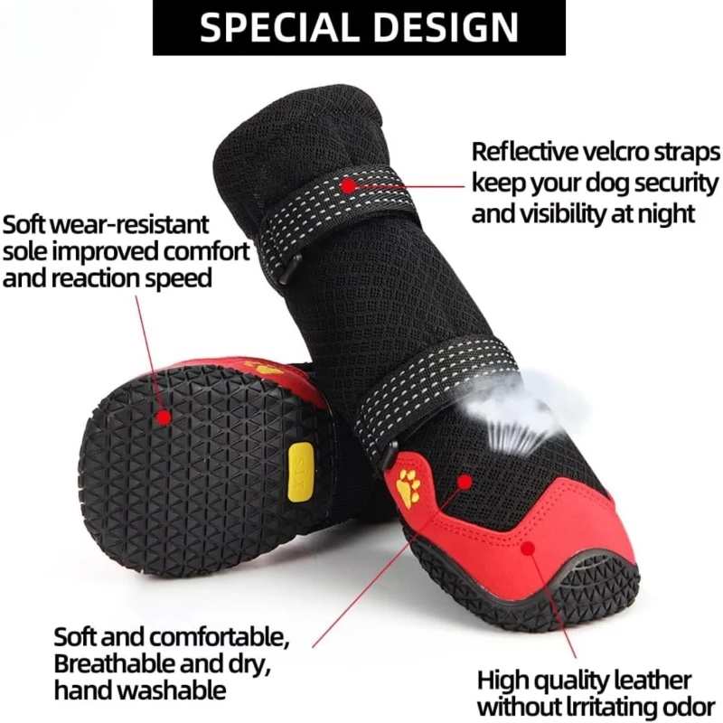 

4pcs Waterproof Dog Boots with Reflective Tape Non-Slip Rubber Sole Breathable Warm Pet Shoes All Weather Protection
