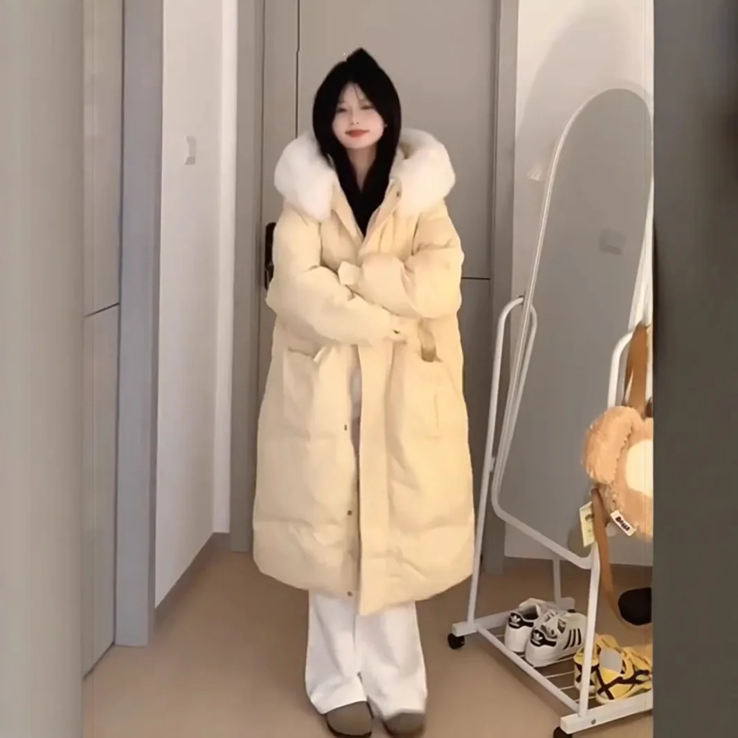 Solid Color Mid-Length Jacket Autumn Winter Korean Sty Hooded Design Sense Warm Thickened Large Fur Collar Cotton Coat