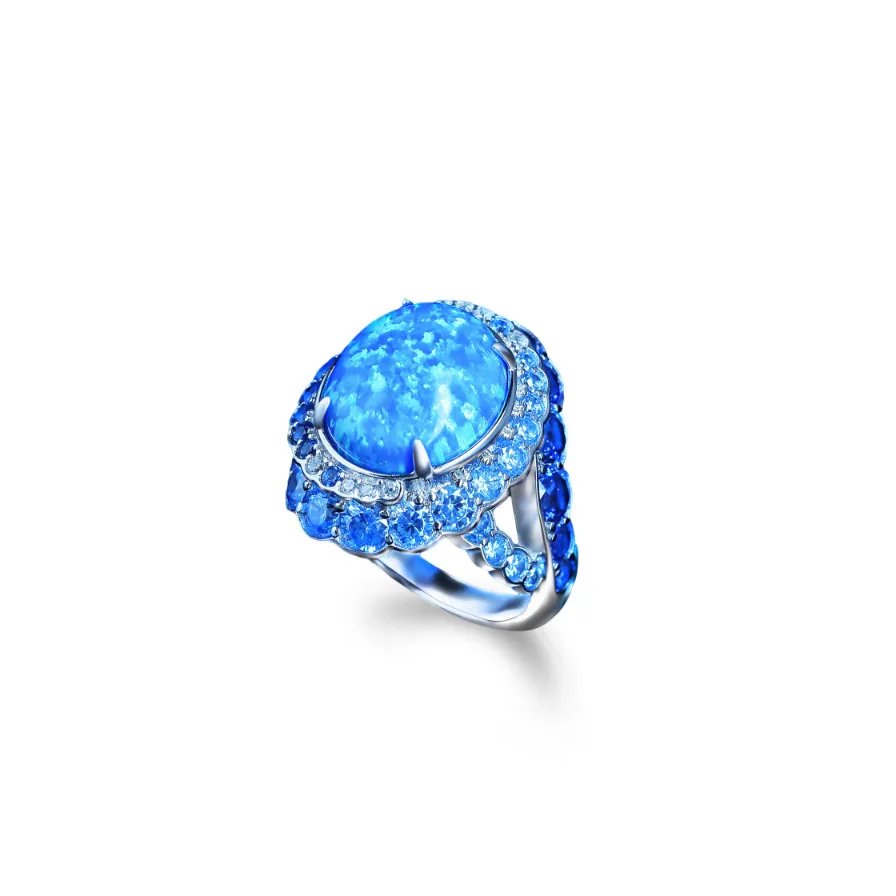 New S925 silver ring with high carbon diamond, blue-green surface, blue diamond surround, versatile girls' ring, wedding jewelry