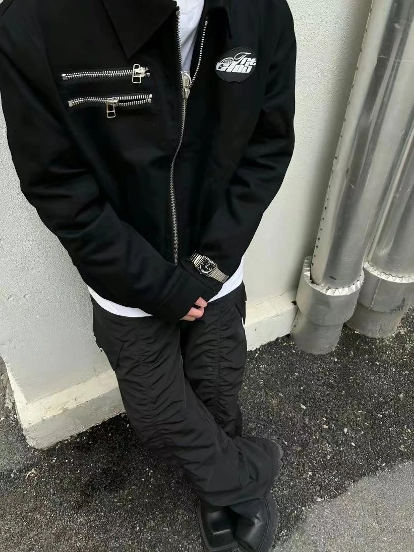 

Vintage American Zipper Collar Bla Pilot Jaet ex Baseball Sle Outerwear Youth Trendy Autumn Winter Loose Fit Jaet