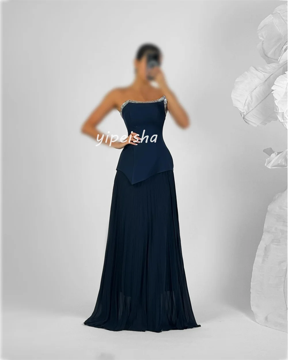 Abiti lunghi senza spalline a trapezio con strass drappeggiati in jersey abbinato in stile cinese personalizzato Abiti per occasioni su misura Moda