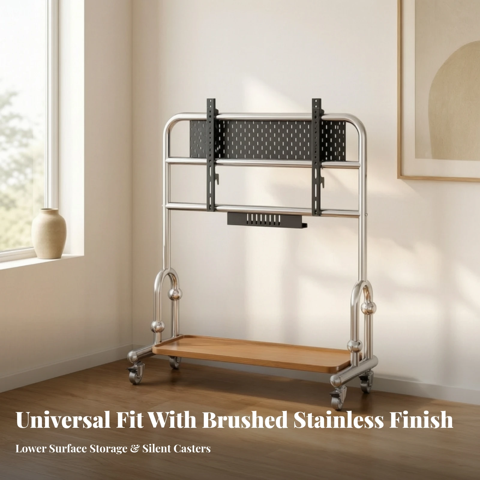 Freestanding Mobile TV Stand with Storage Shelf Sturdy Stainless Steel Frame TV Stand with Wood-Grain Shelf Long-Lasting Stable